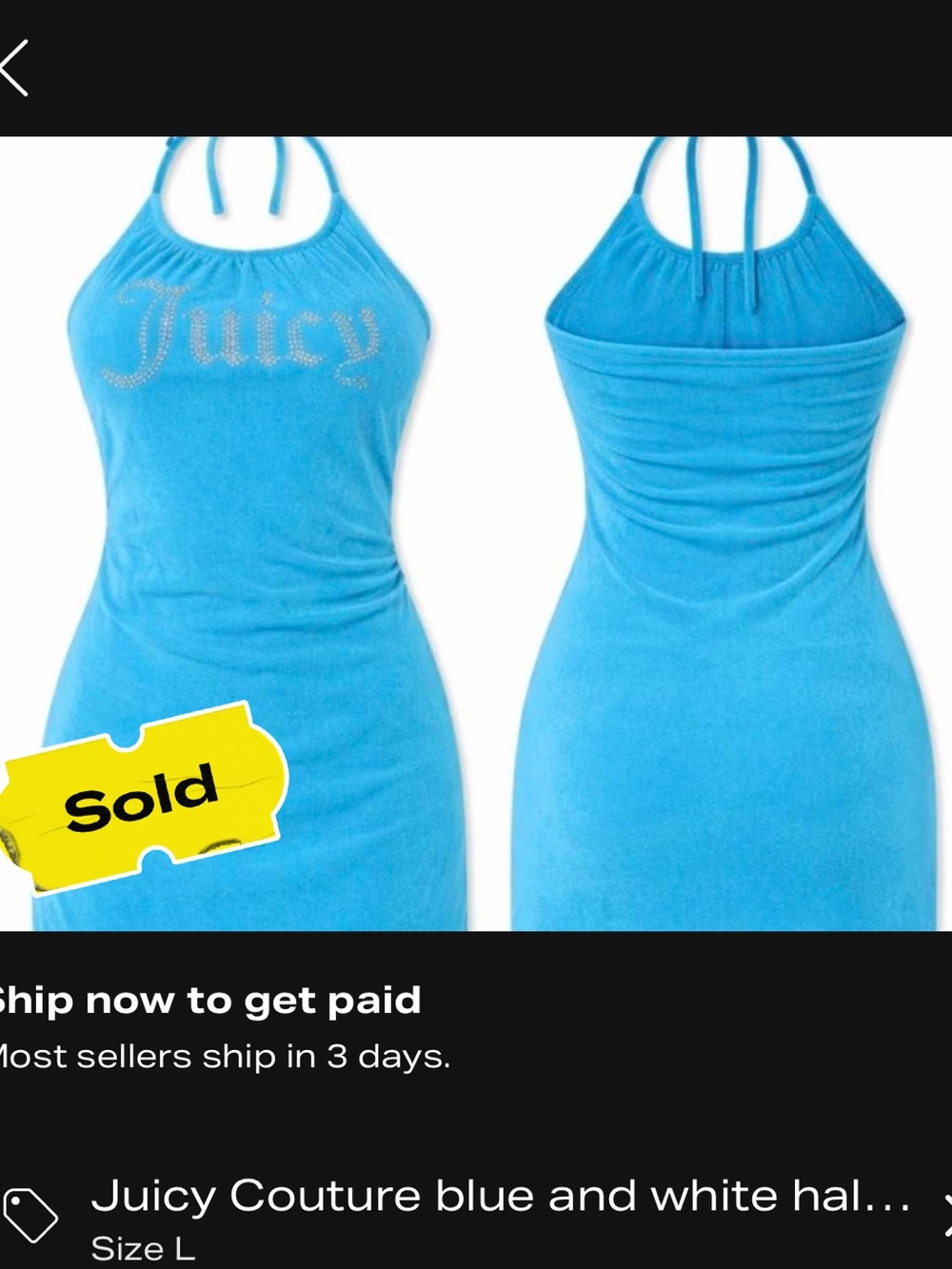 SOLD DEPOP‼️Juicy Couture Blue Halter Dress Rhinestone Logo Y2K Rare Size Large✨